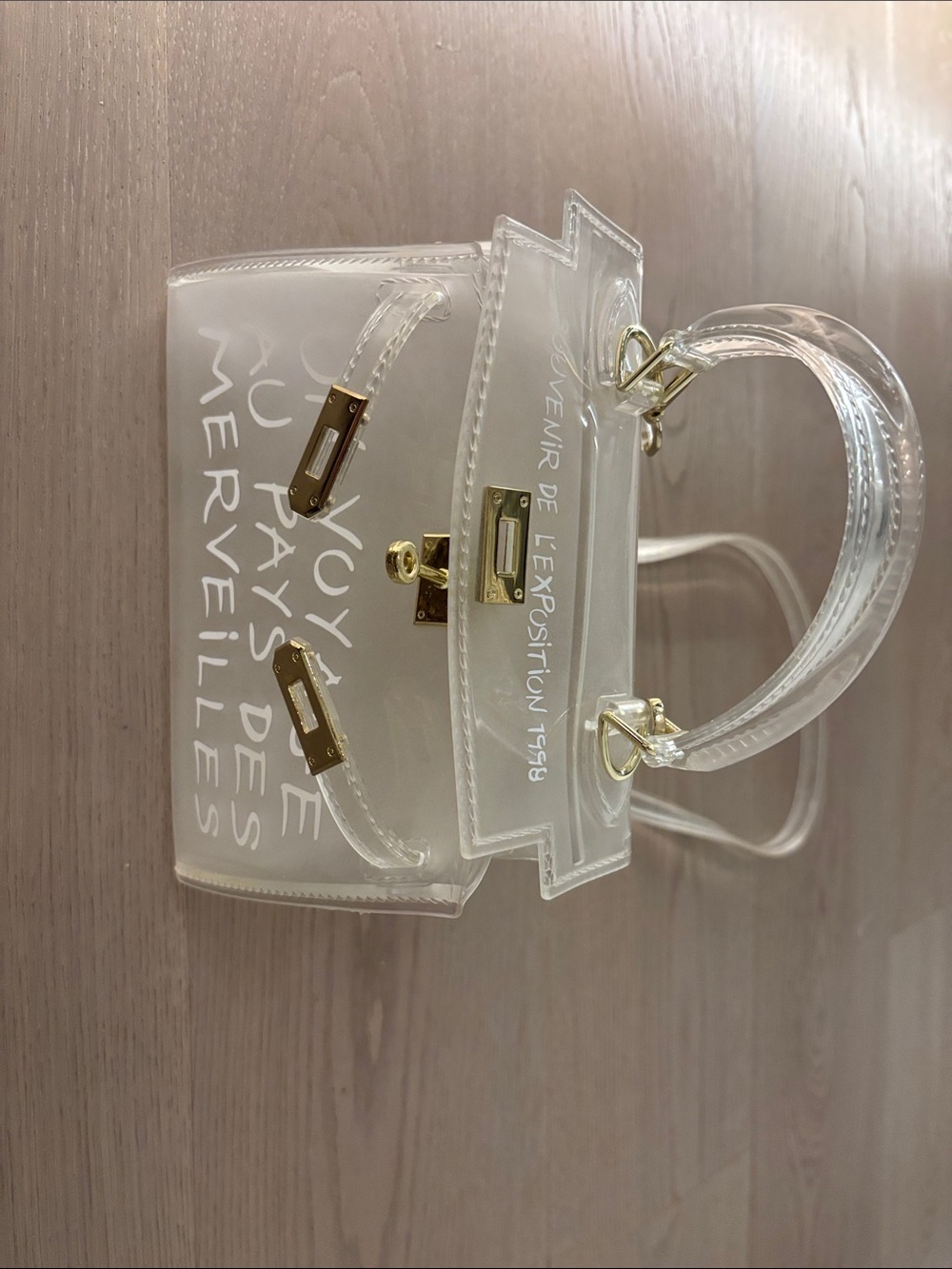 Transparent Mini Top-Handle Bag with White Script & Gold Hardware - Picture 5 of 5